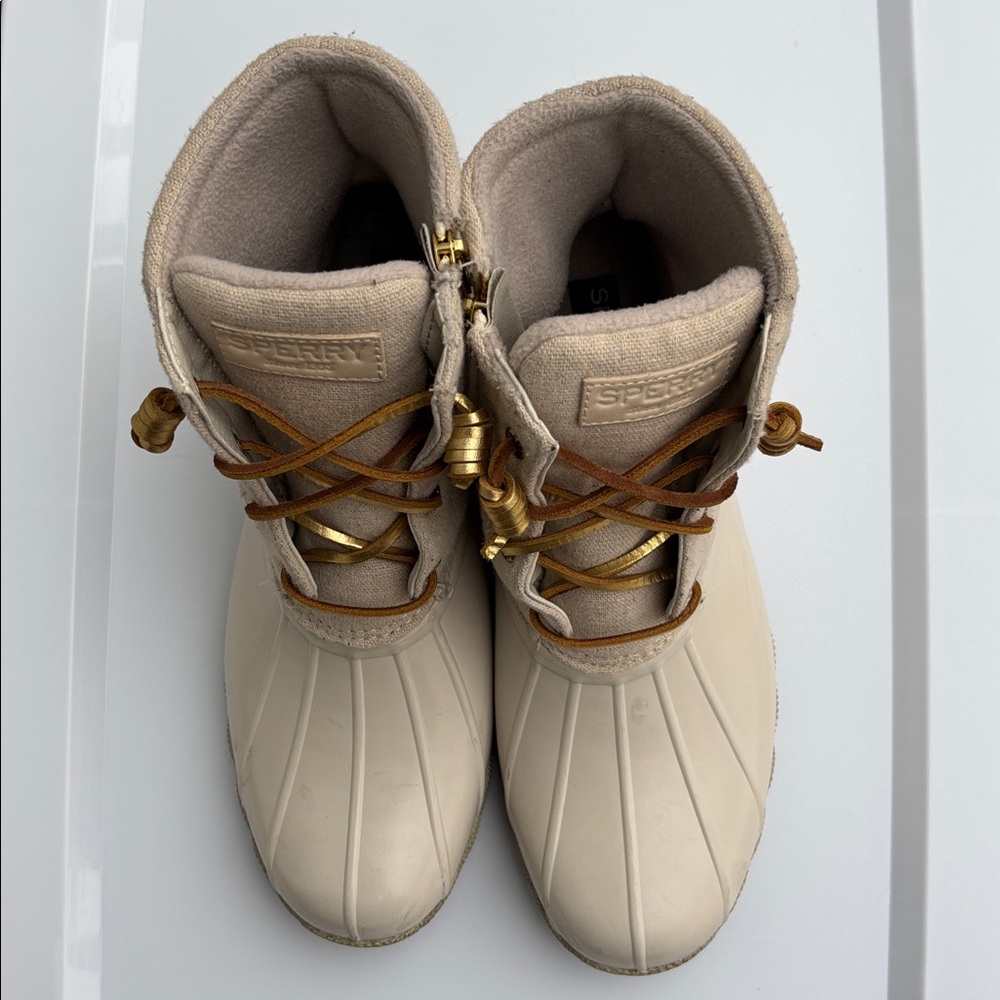 Sperry Duck Boots Womens Sz 10 Beige Canvas Rubber Rain/Snow Lace Up Waterproof - Picture 4 of 9